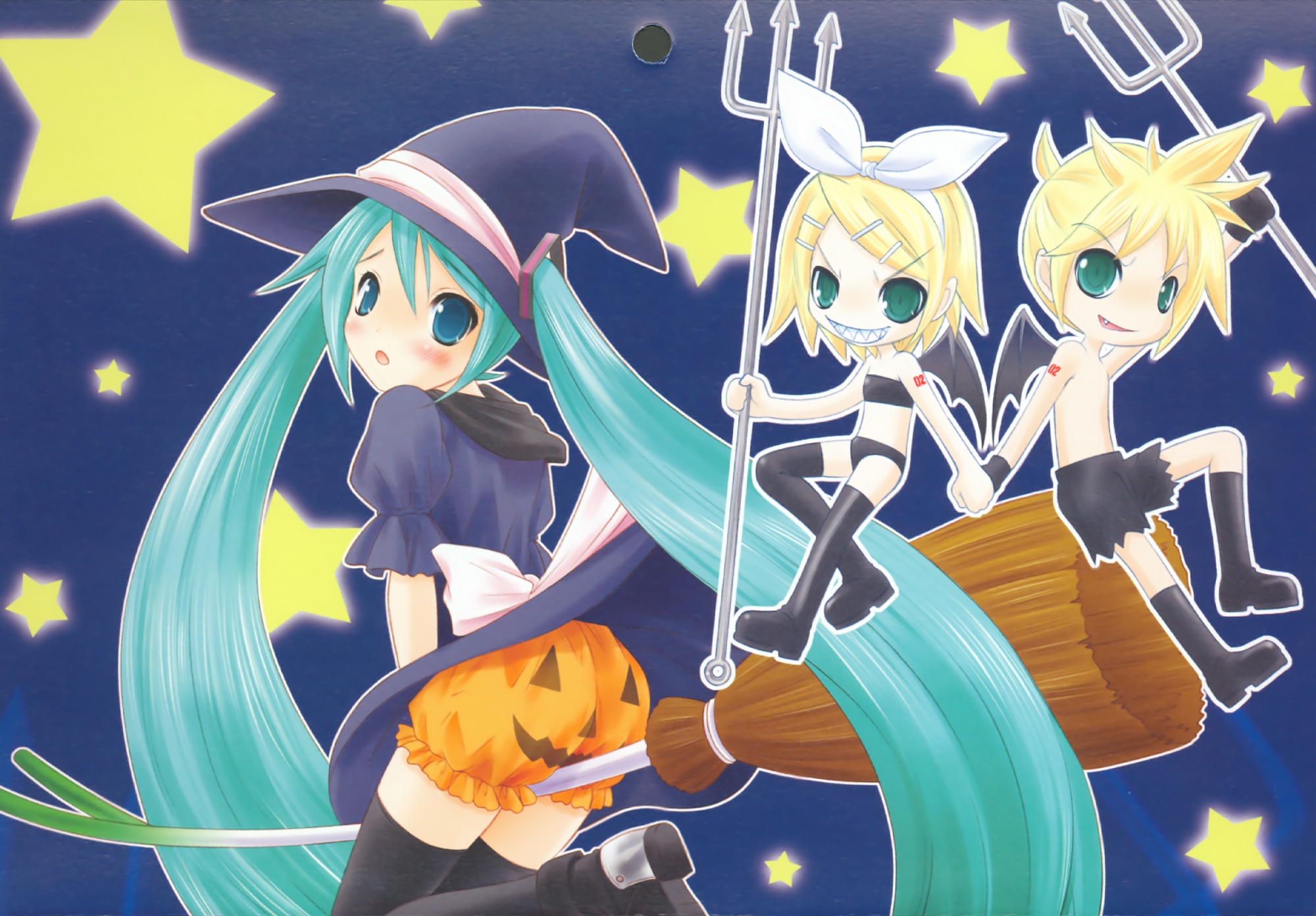 halloween, hapido, hatsune_miku, kagamine_len, kagamine_rin, male, pumpkin, vocaloid