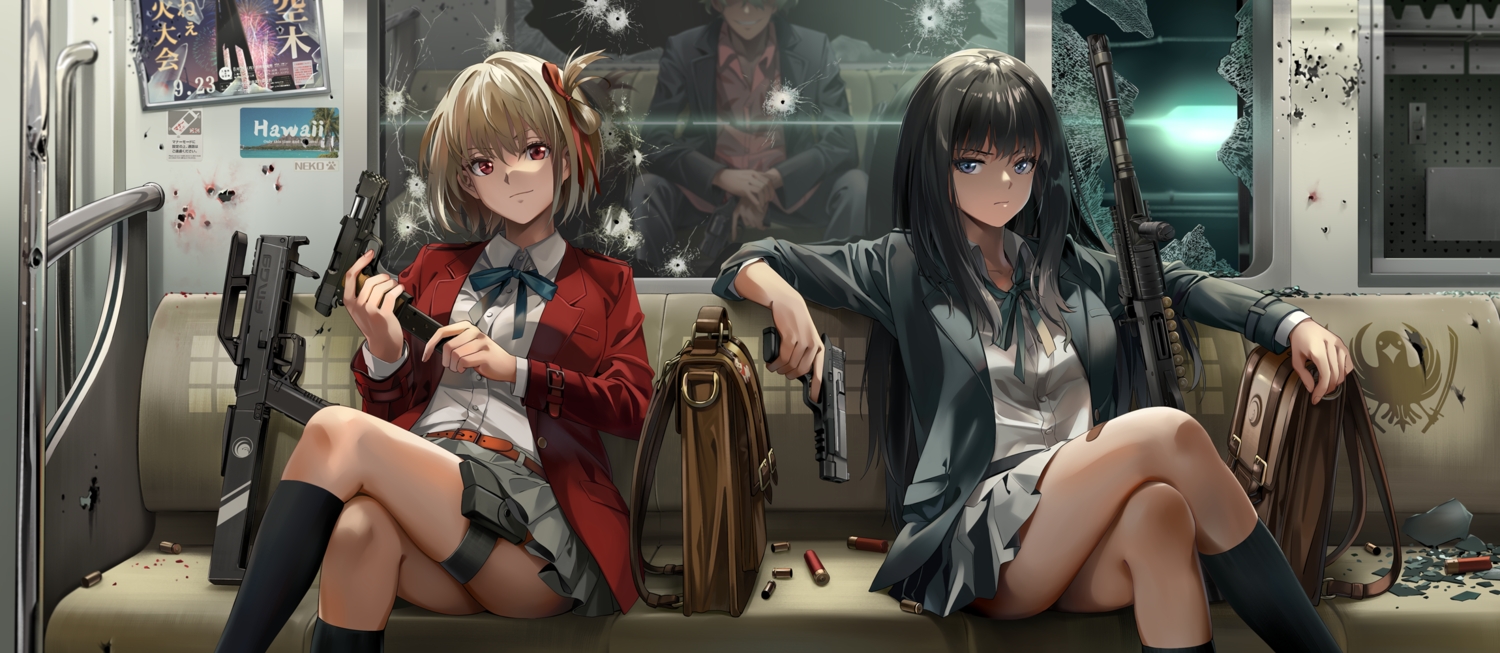 2girls, black_hair, blonde_hair, gun, inoue_takina, lycoris_recoil, majima_(lycoris_recoil), male