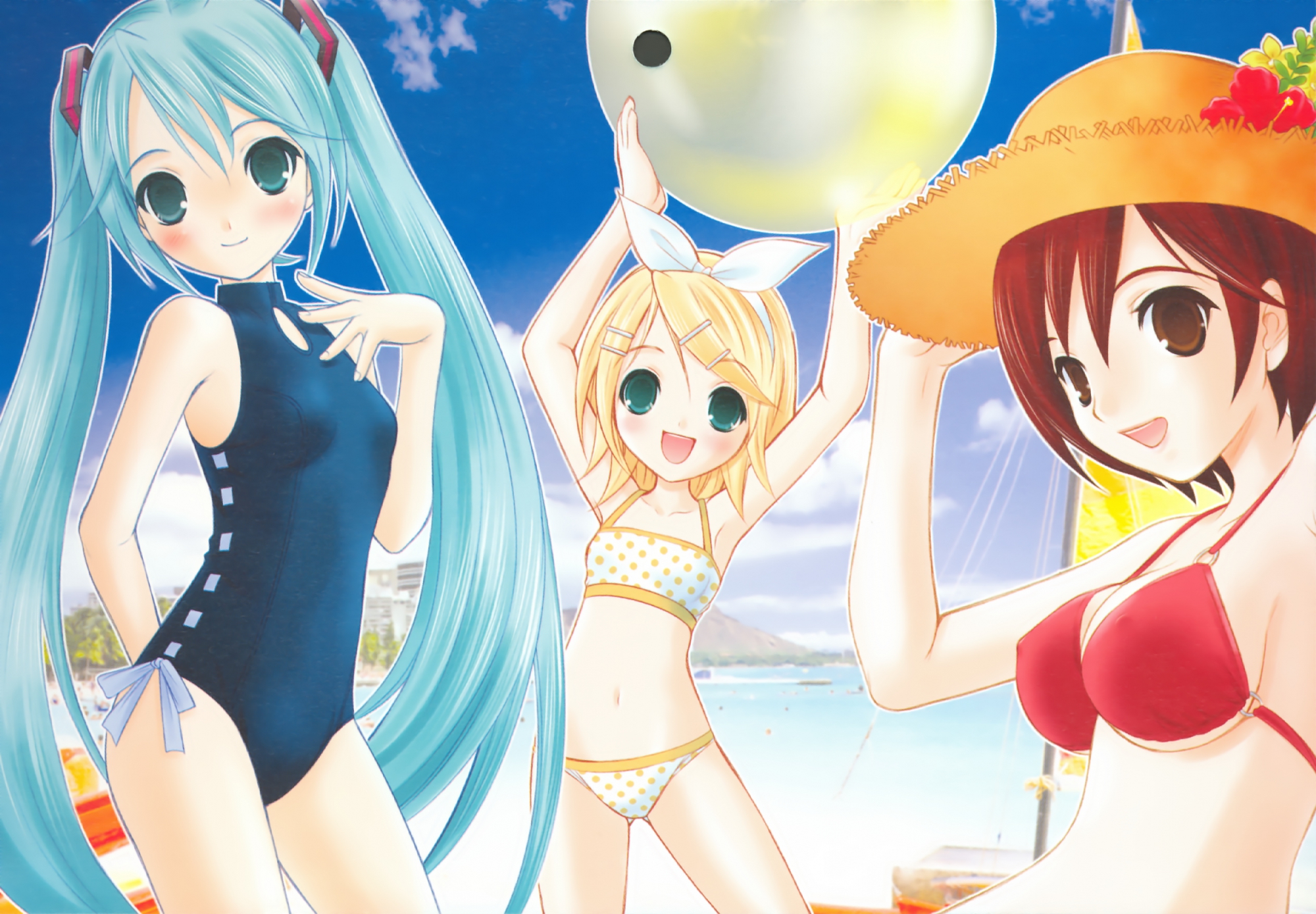 ball, beach, bikini, hapido, hatsune_miku, kagamine_rin, meiko, sky, summer, swimsuit, vocaloid, water