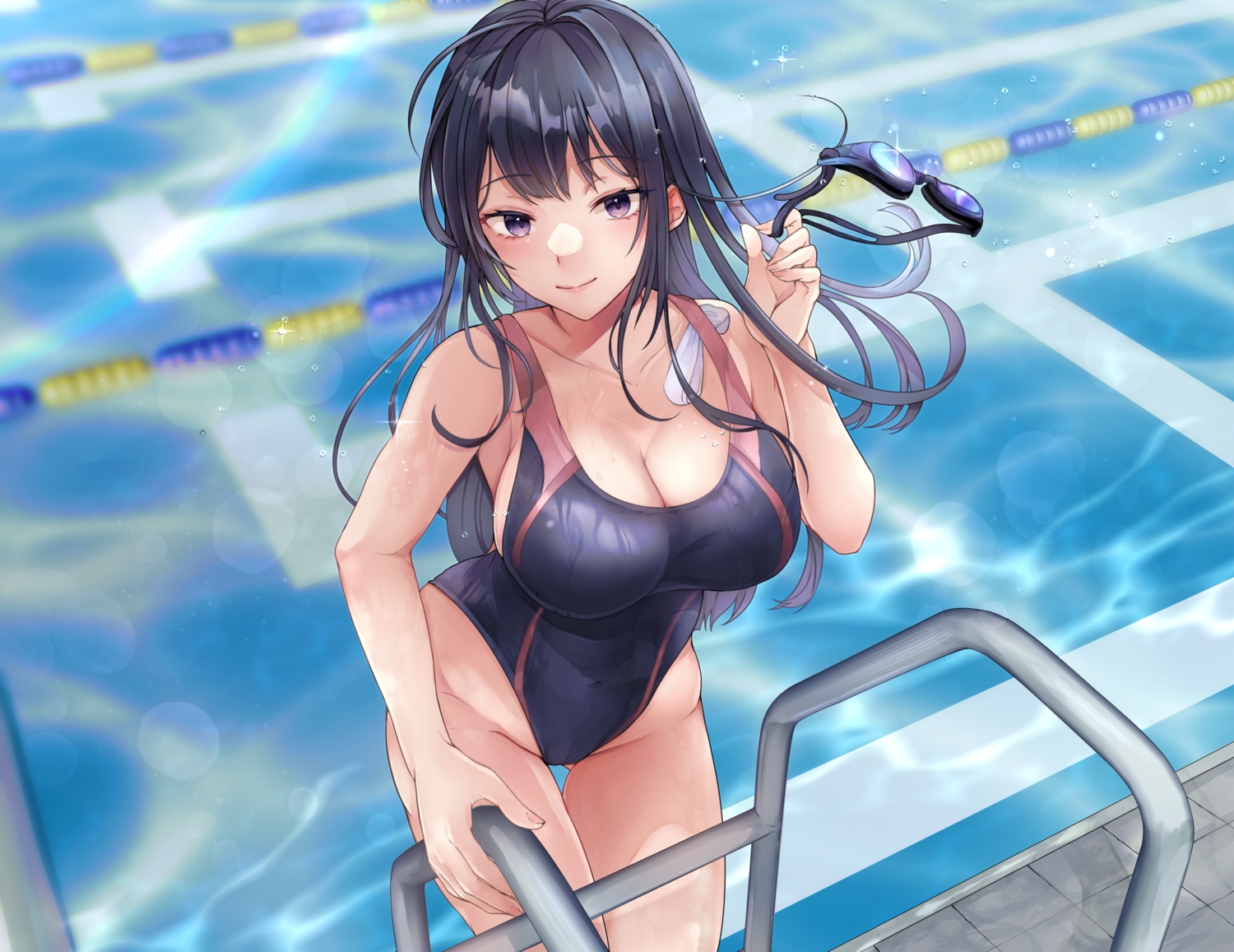 black_hair, long_hair, mojimaru, original, pool, purple_eyes, swimsuit, water