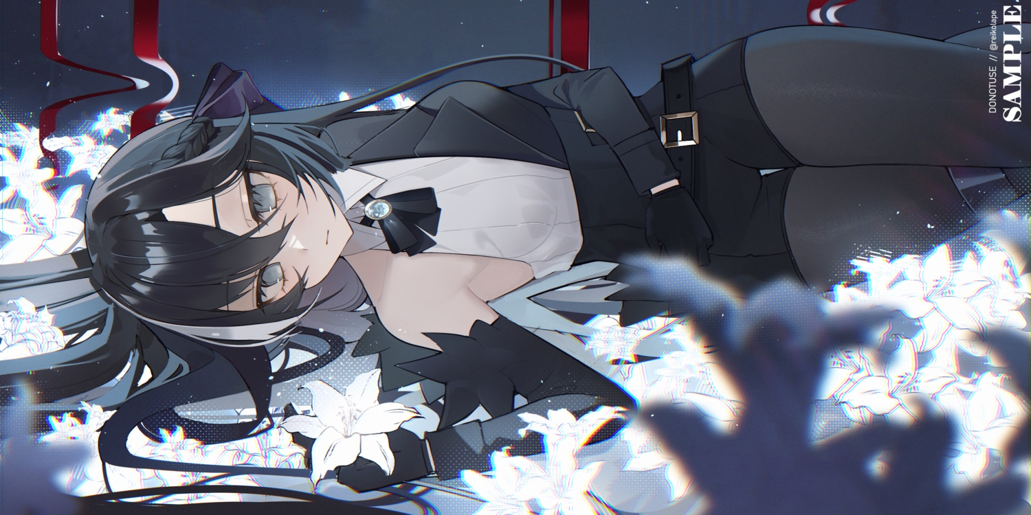 black_hair, flowers, gray_eyes, long_hair, pantyhose, reiko_lape, shorts, watermark