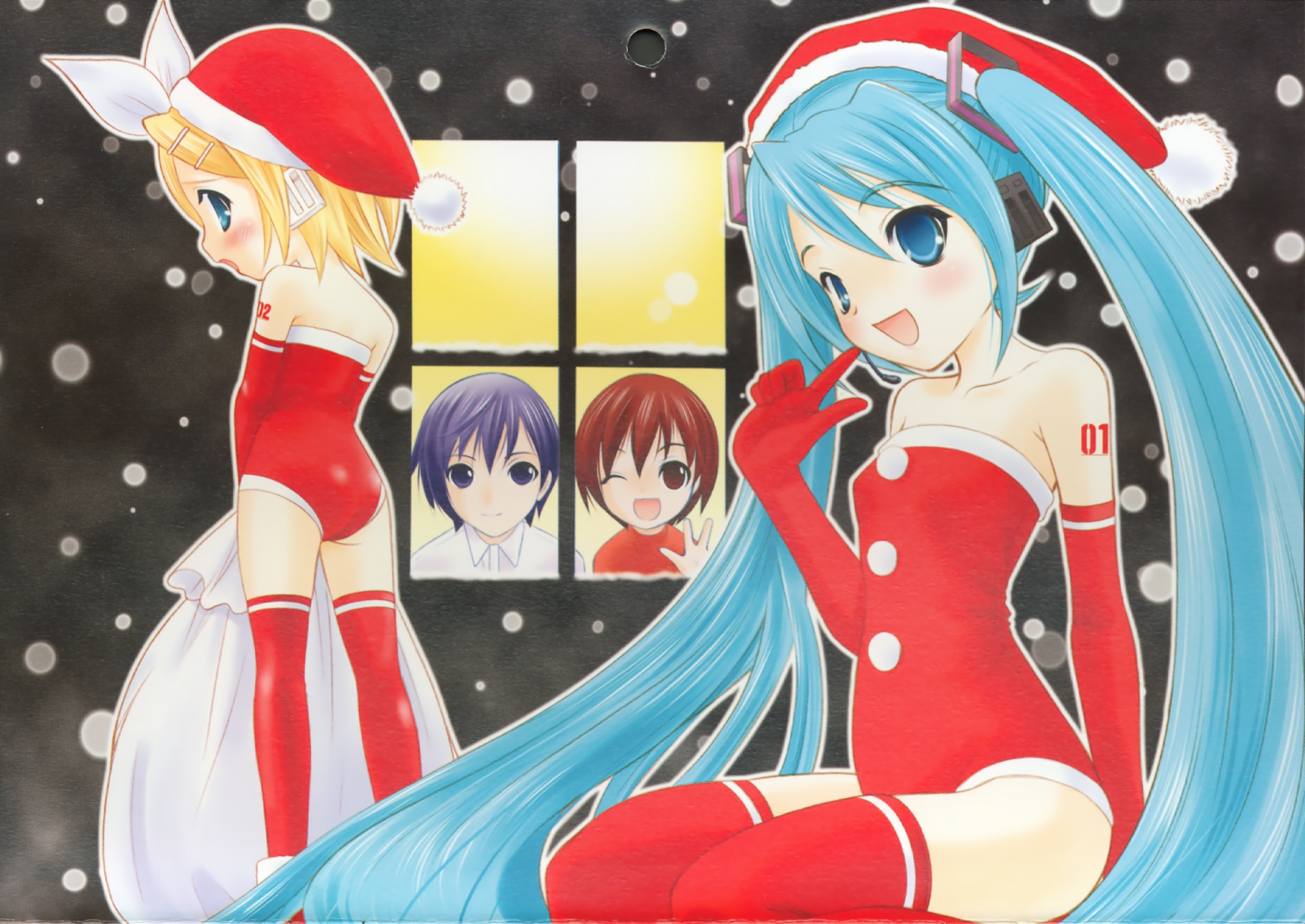 blue_hair, christmas, group, hapido, hat, hatsune_miku, kagamine_rin, kaito