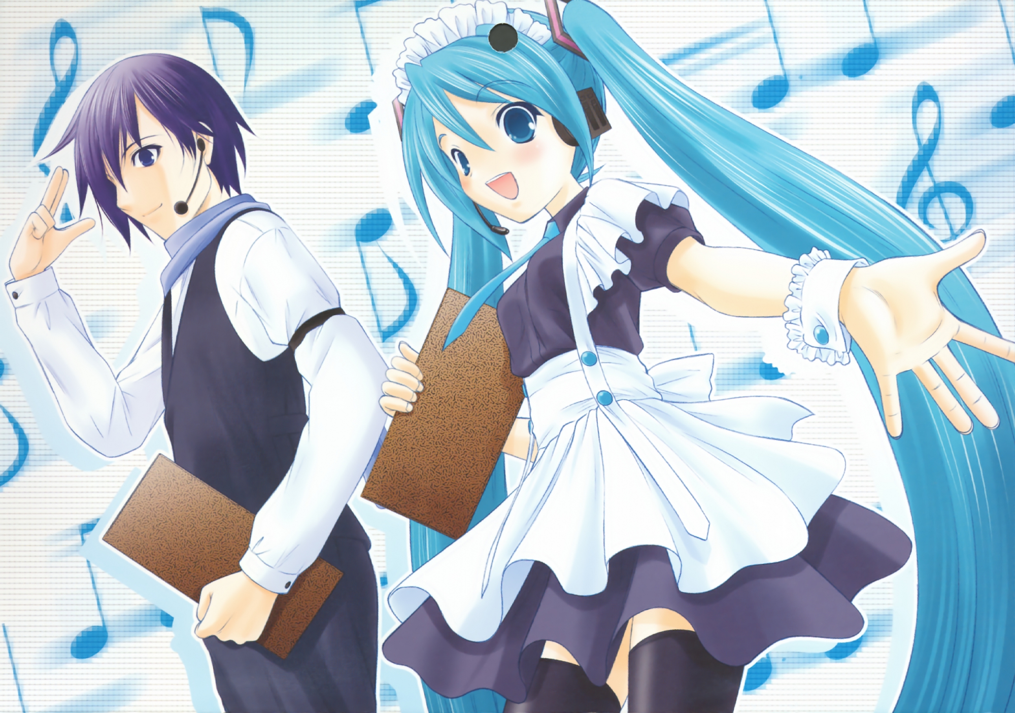 hapido, hatsune_miku, kaito, maid, male, twintails, vocaloid, waitress