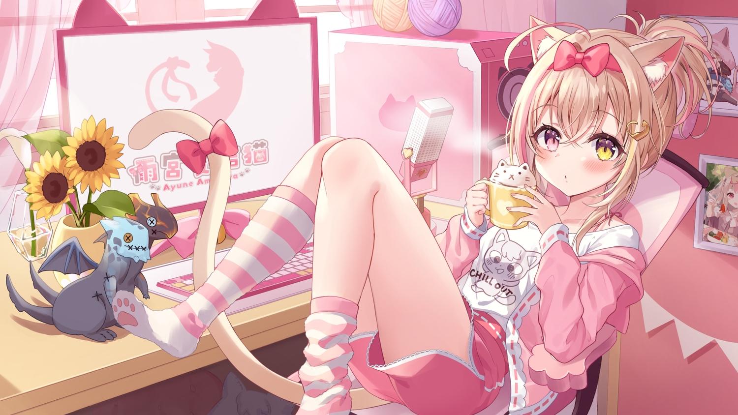 amemiya_ayune, animal_ears, bicolored_eyes, blonde_hair, blush, catgirl, computer, drink, microphone, pink_eyes, piyoyanagi, tail, yellow_eyes