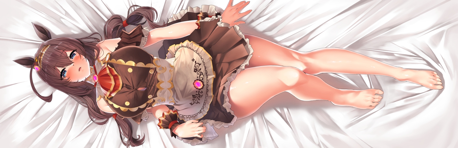 animal_ears, anthropomorphism, apron, barefoot, blue_eyes, blush, brown_hair, dress