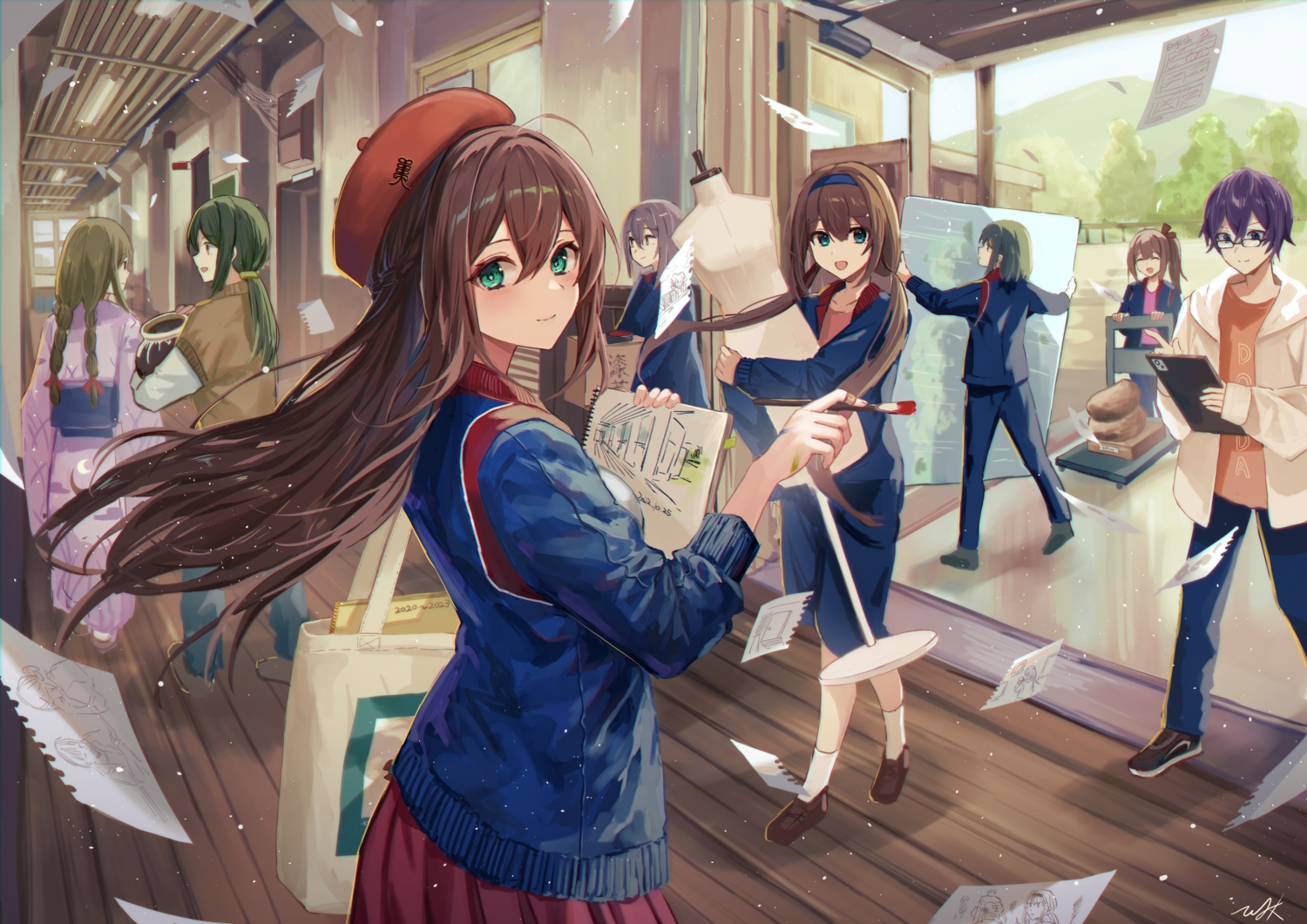 aqua_eyes, blue_eyes, blush, braids, brown_eyes, brown_hair, computer, glasses
