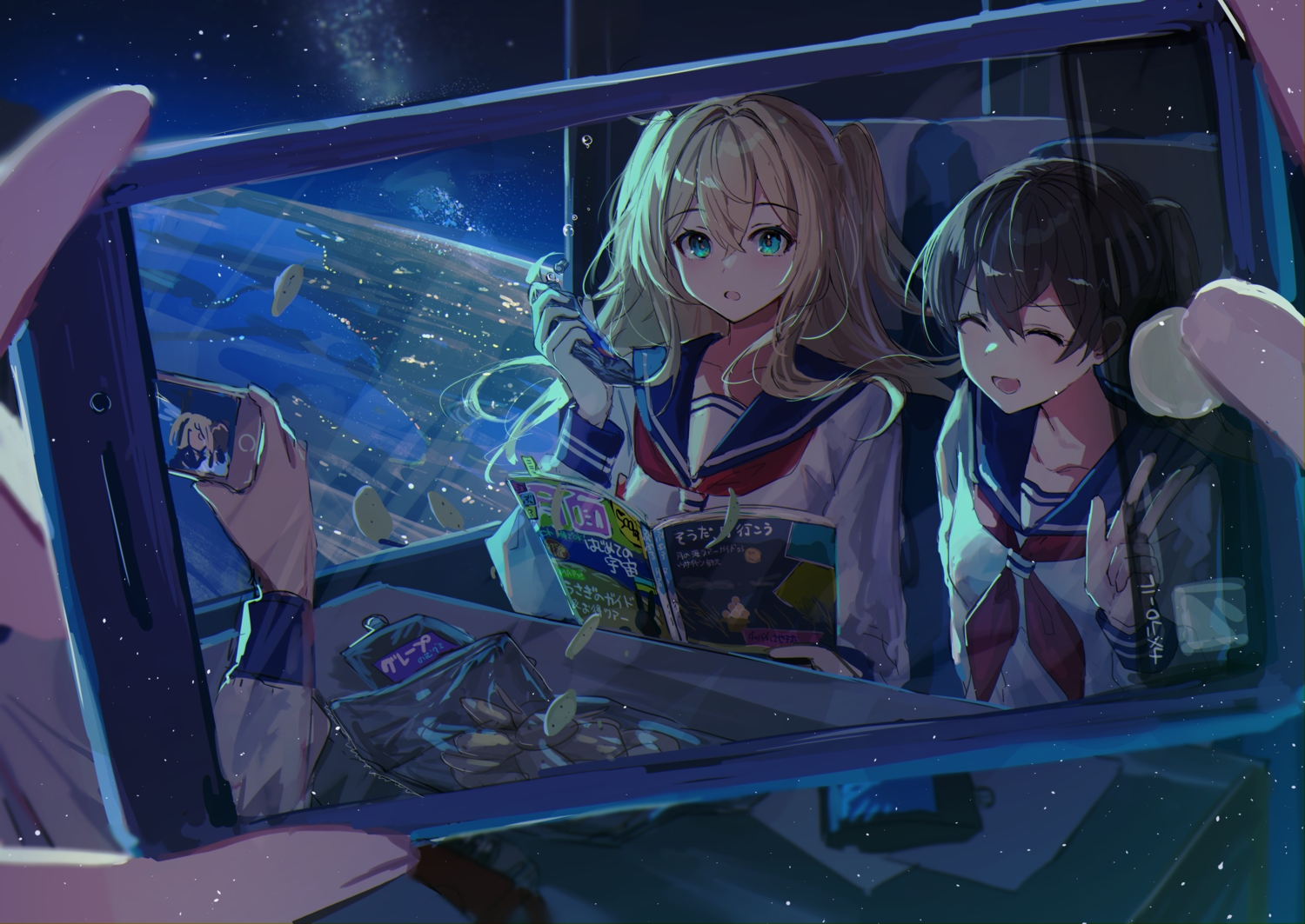 aqua_eyes, black_hair, blonde_hair, book, camera, dark, drink, earth, food, hitomin_(ksws7544), long_hair, original, phone, planet, school_uniform, sketch, space, stars, twintails