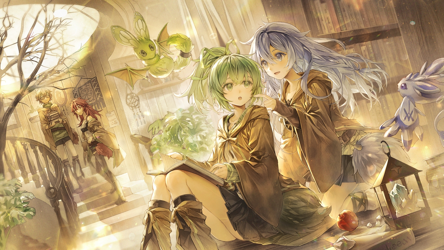 18_(backstreetno18), apple, aussa_the_earth_charmer, blue_eyes, blue_hair, boots, brown_eyes, brown_hair, eria_the_water_charmer, food, fruit, glasses, green_eyes, green_hair, group, hiita_the_fire_charmer, hood, long_hair, ponytail, red_eyes, red_hair, short_hair, shorts, skirt, stairs, thighhighs, wynn_the_wind_charmer, yu-gi-oh