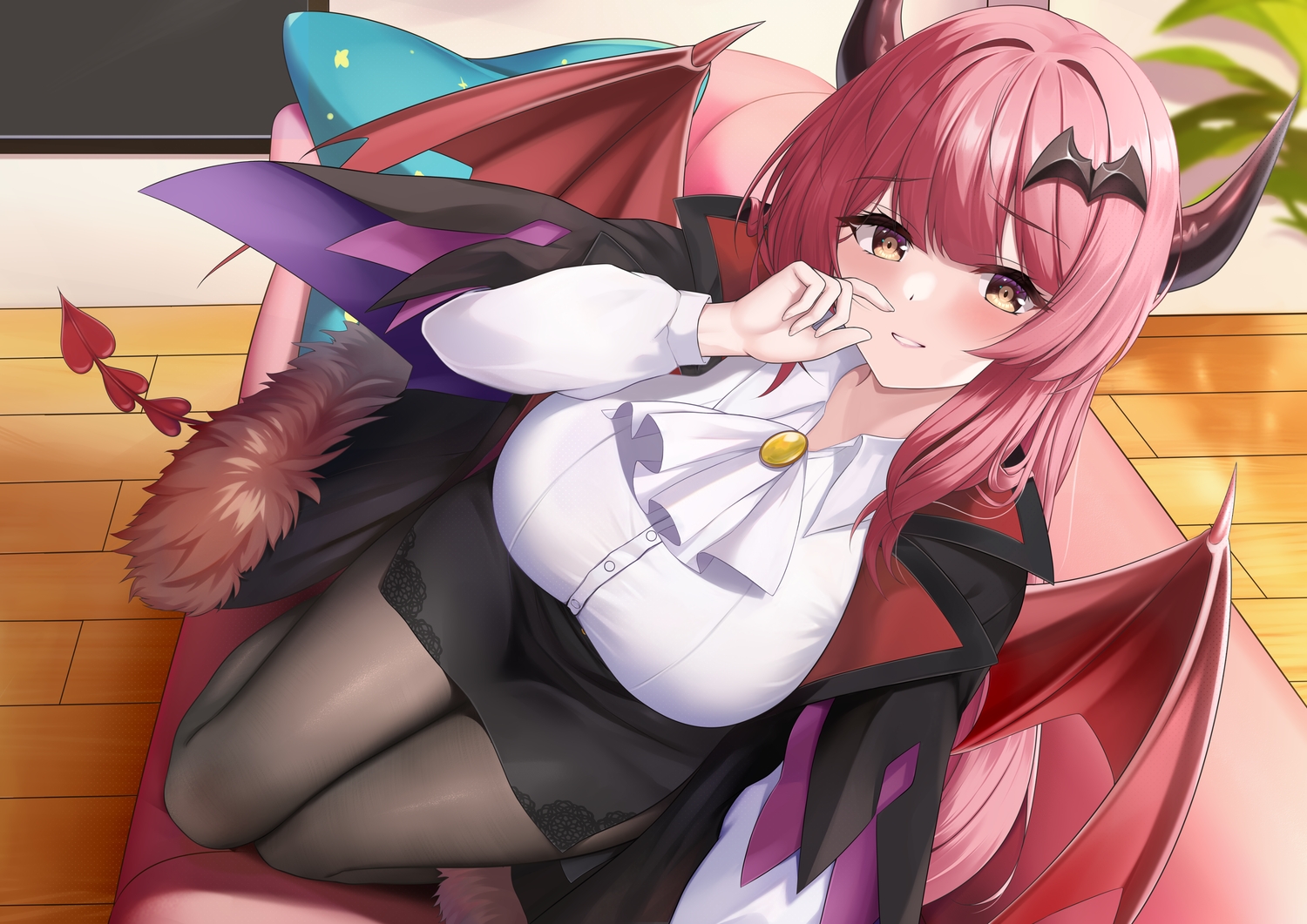blush, brown_eyes, demon, horns, long_hair, pantyhose, pink_hair, shenqi_(toid310), skirt, wings