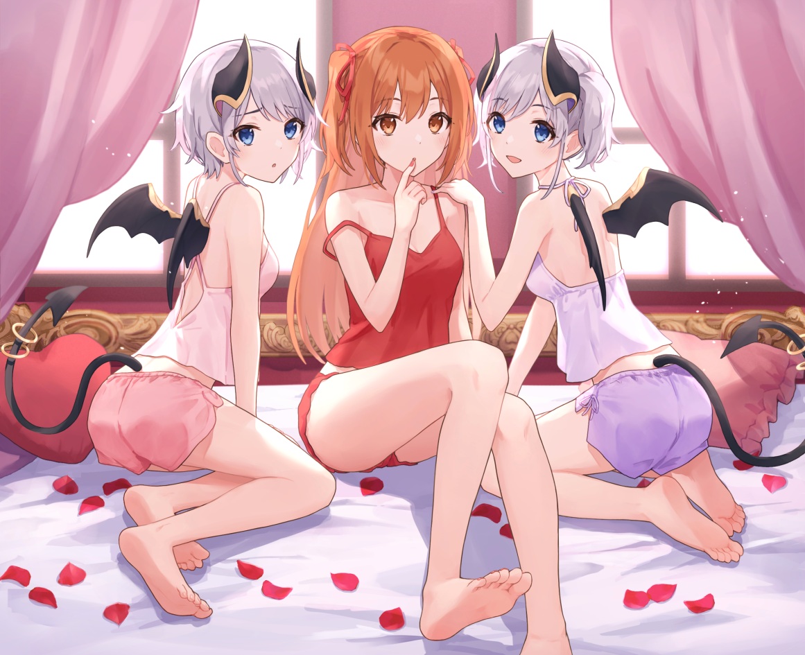 barefoot, bed, blue_eyes, gray_hair, horns, kazemiya_akari, kazemiya_yori, long_hair, orange_eyes, orange_hair, princess_connect!, sakurai_nozomi, short_hair, tail, twins, wings, yazi114