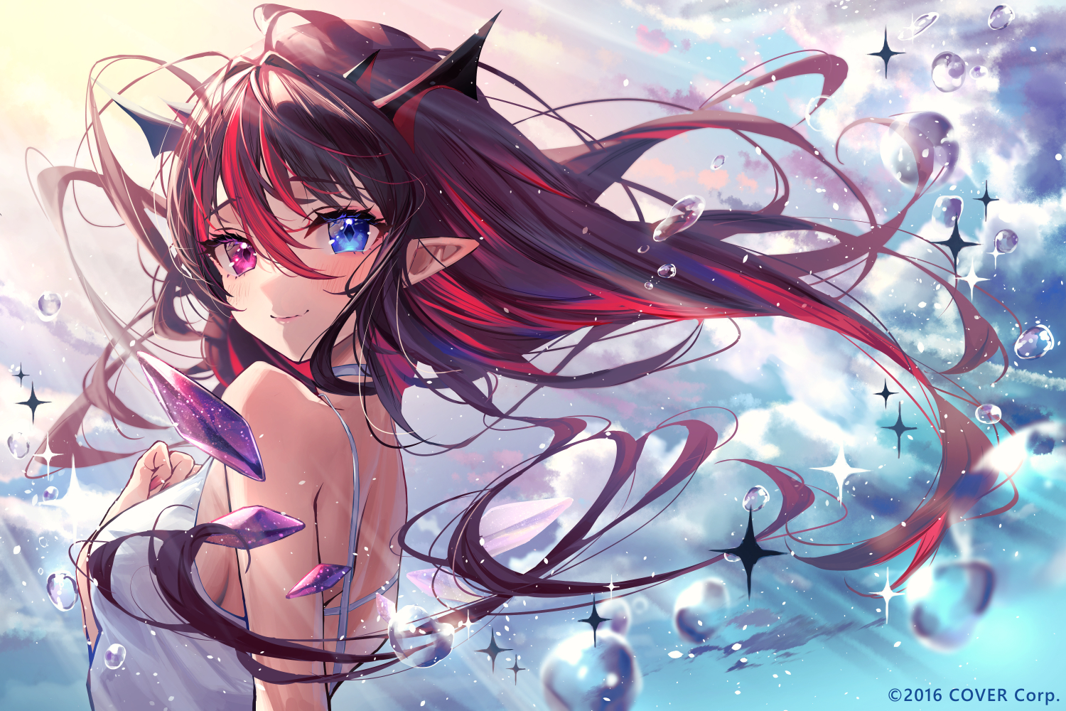 bicolored_eyes, blue_eyes, close, clouds, hololive, irys_(hololive), long_hair, misekiss, pointed_ears, purple_eyes, purple_hair, sky