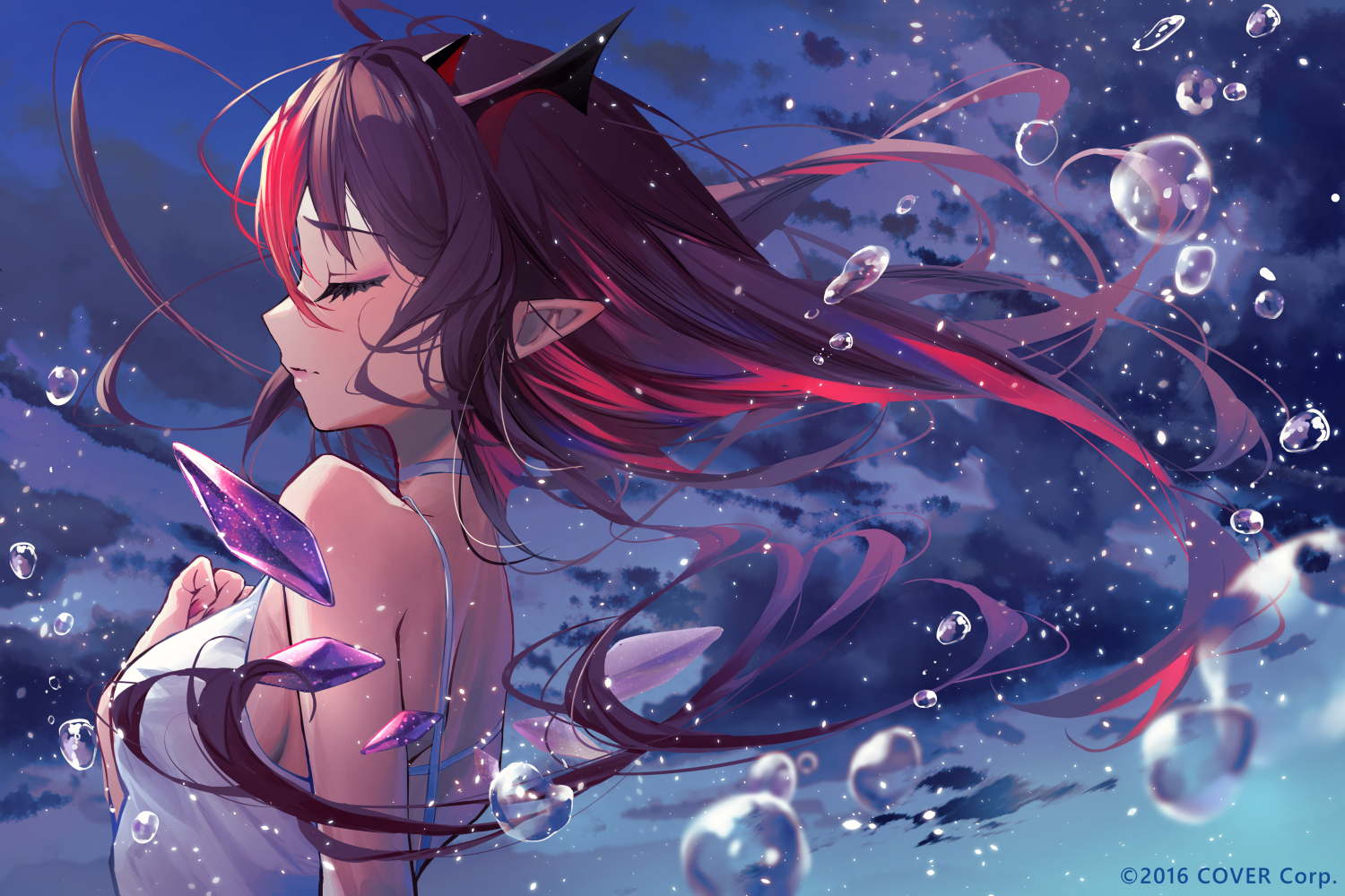 close, clouds, hololive, irys_(hololive), long_hair, misekiss, pointed_ears, purple_hair