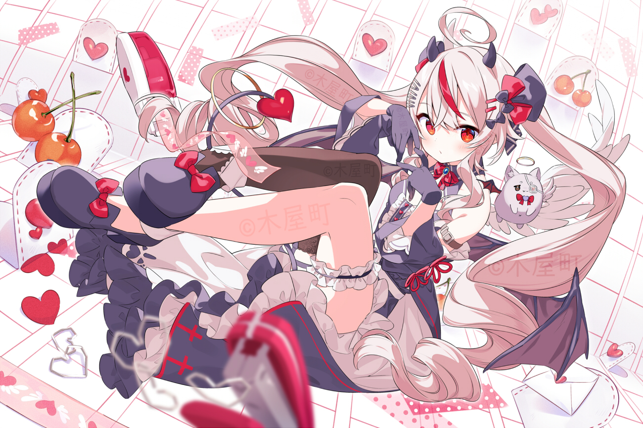 blonde_hair, blush, bow, cherry, cross, demon, food, fruit, garter, gloves, goth-loli, heart, horns, kiya_machi, lolita_fashion, long_hair, paper, phase_connect, red_eyes, remilia_nephys, twintails, watermark, wings