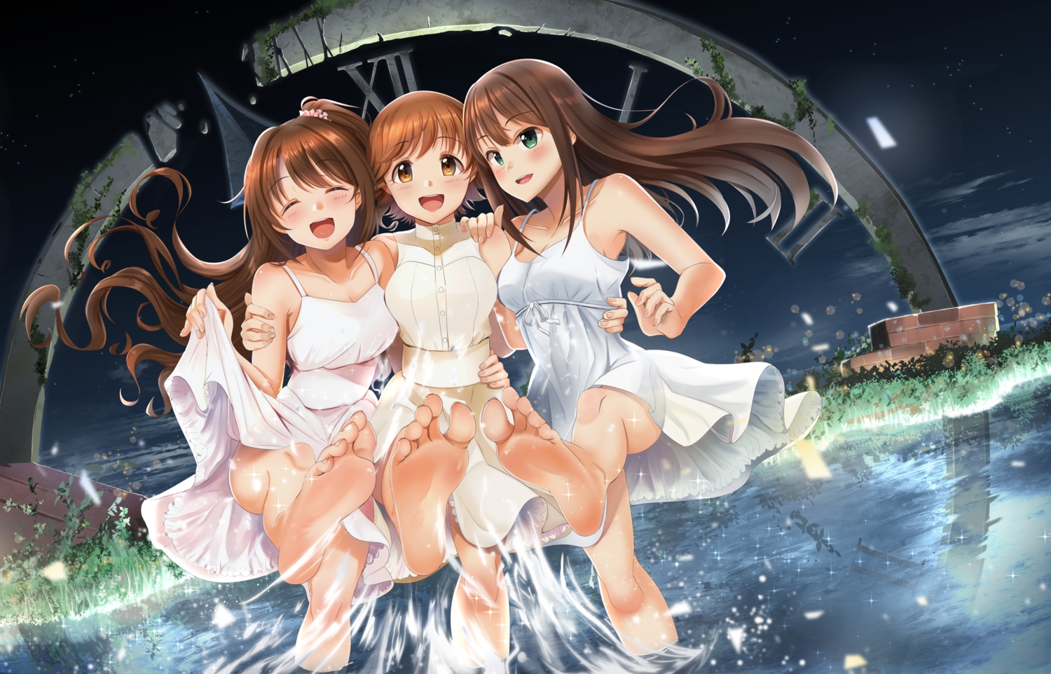 barefoot, blush, brown_eyes, brown_hair, casino_(casinoep), dress, green_eyes, honda_mio