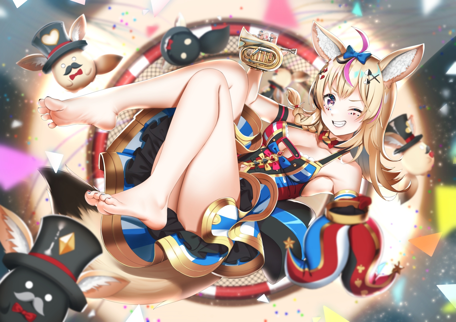animal_ears, barefoot, blonde_hair, blush, breasts, casino_(casinoep), cleavage, dress