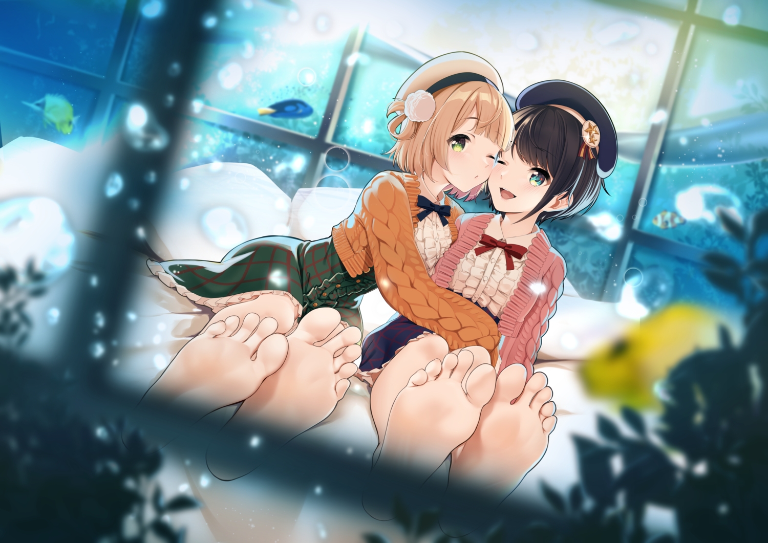 2girls, aliasing, animal, aqua_eyes, barefoot, black_hair, bow, brown_hair, bubbles, casino_(casinoep), fish, green_eyes, hat, hololive, indie_virtual_youtuber, oozora_subaru, shigure_ui_(vtuber), short_hair, wink