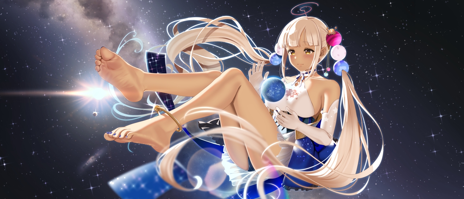 barefoot, blonde_hair, blush, breasts, casino_(casinoep), dark_skin, earth, elbow_gloves