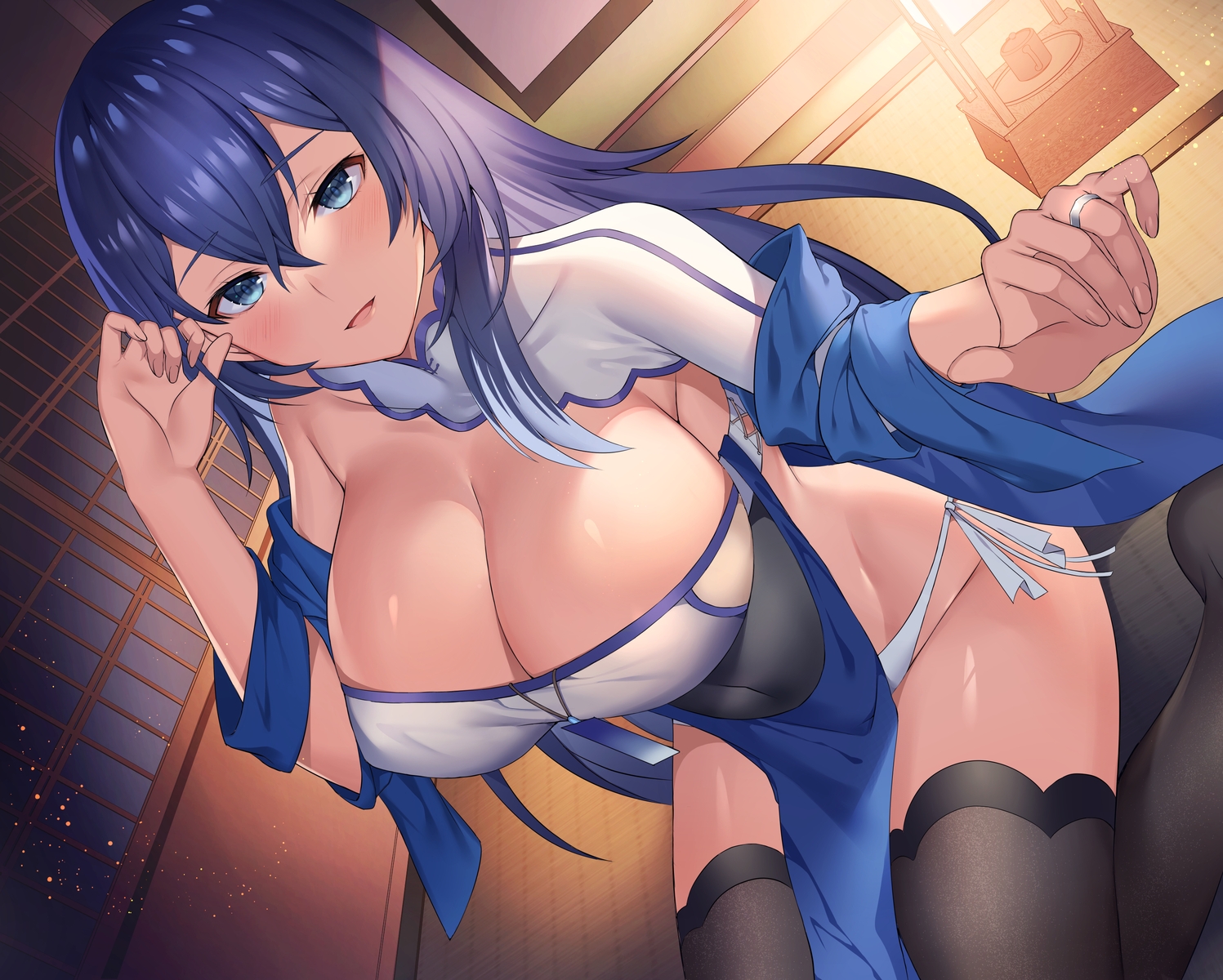 anthropomorphism, breasts, cleavage, dp-12_(girls_frontline), dress, girls_frontline, long_hair, mizore_syrup, no_bra, panties, purple_hair, thighhighs, underwear