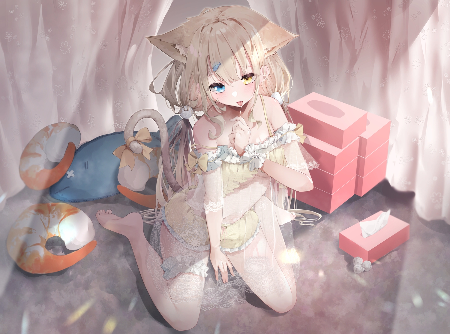 animal_ears, barefoot, bicolored_eyes, blonde_hair, blue_eyes, catgirl, kogamino_ono, long_hair, see_through, sena_(sena_soar), twintails, yellow_eyes