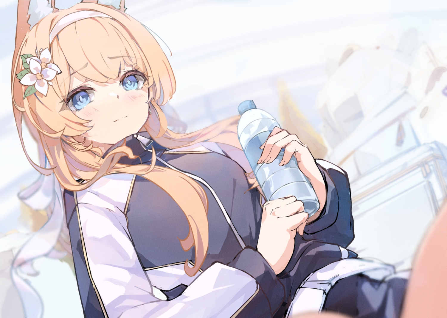 animal_ears, blue_archive, blue_eyes, blush, catgirl, close, drink, gym_uniform