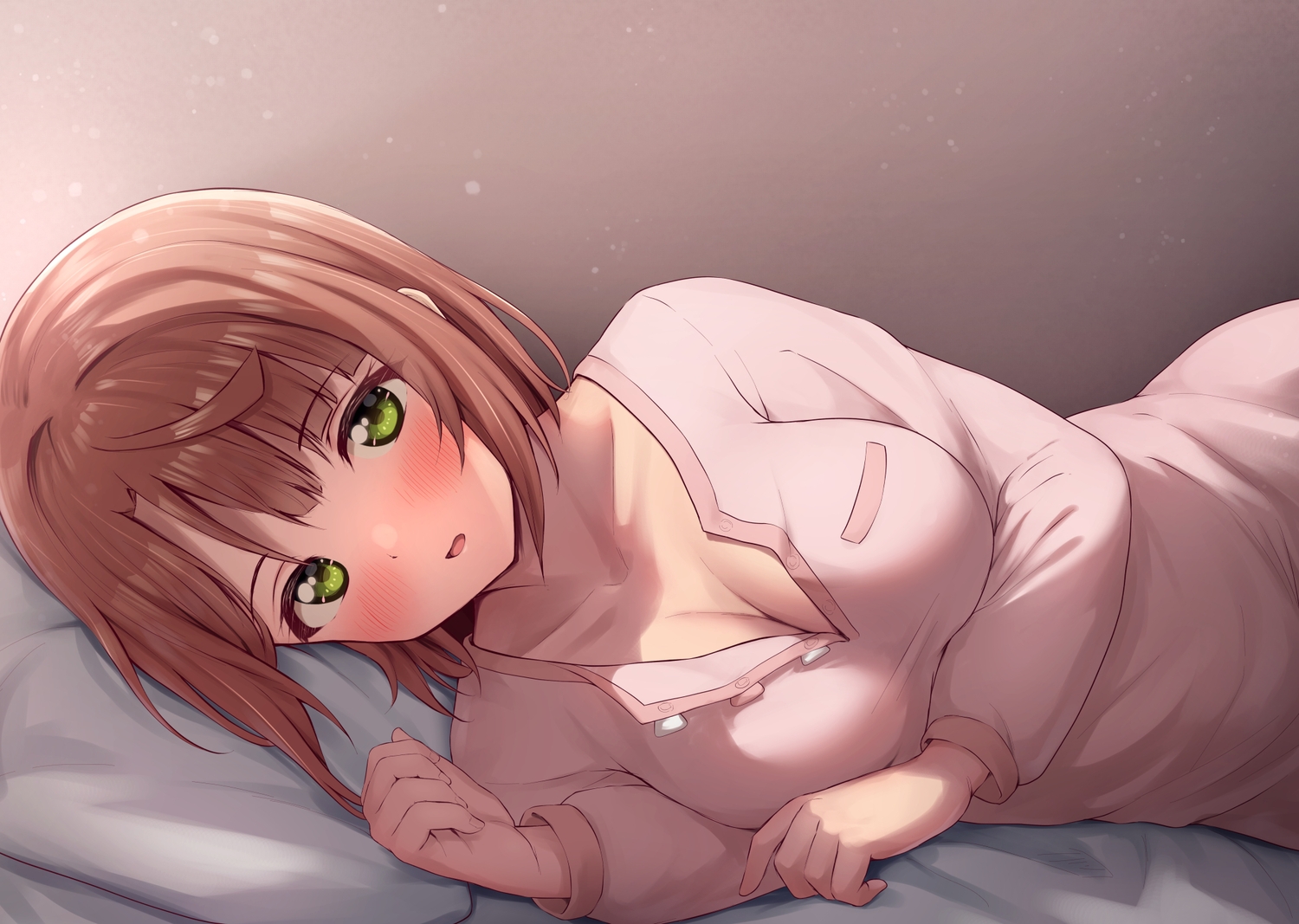 blush, breast_hold, breasts, brown_hair, cleavage, close, green_eyes, love_live!_nijigasaki_high_school_idol_club, love_live!_school_idol_project, pajamas, short_hair, toyasu_aina, uehara_ayumu