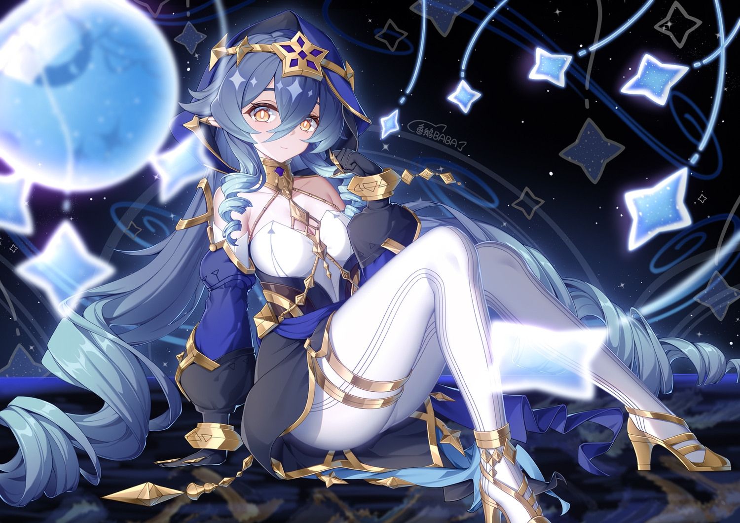 blue_hair, genshin_impact, layla_(genshin_impact), long_hair, orange_eyes, planet, signed, yu_e_baba