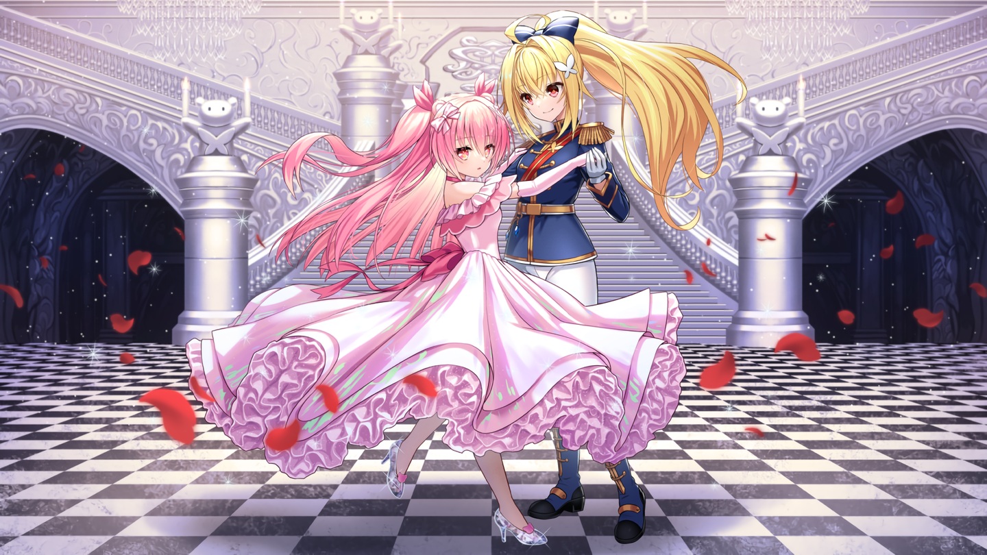 2girls, bettle_(b_s_a_n), blonde_hair, boots, bow, choker, dress, elbow_gloves, gloves, himekuma_ribon, long_hair, military, petals, pink_eyes, pink_hair, ponytail, re:act, red_eyes, shoujo_ai, stairs, twintails, uniform, usami_yuno, waifu2x