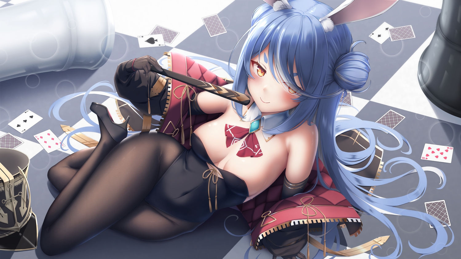 animal_ears, blue_hair, blush, bunny_ears, bunnygirl, fan, hololive, leotard