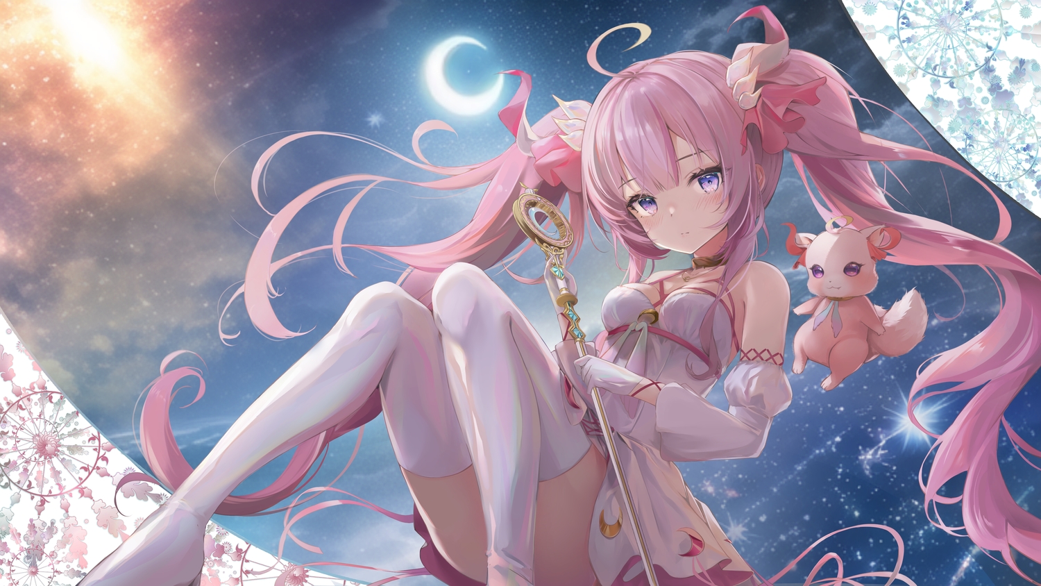 dress, eunip, long_hair, moon, na_sera, nijisanji, pink_hair, purple_eyes, staff, thighhighs, twintails, wand