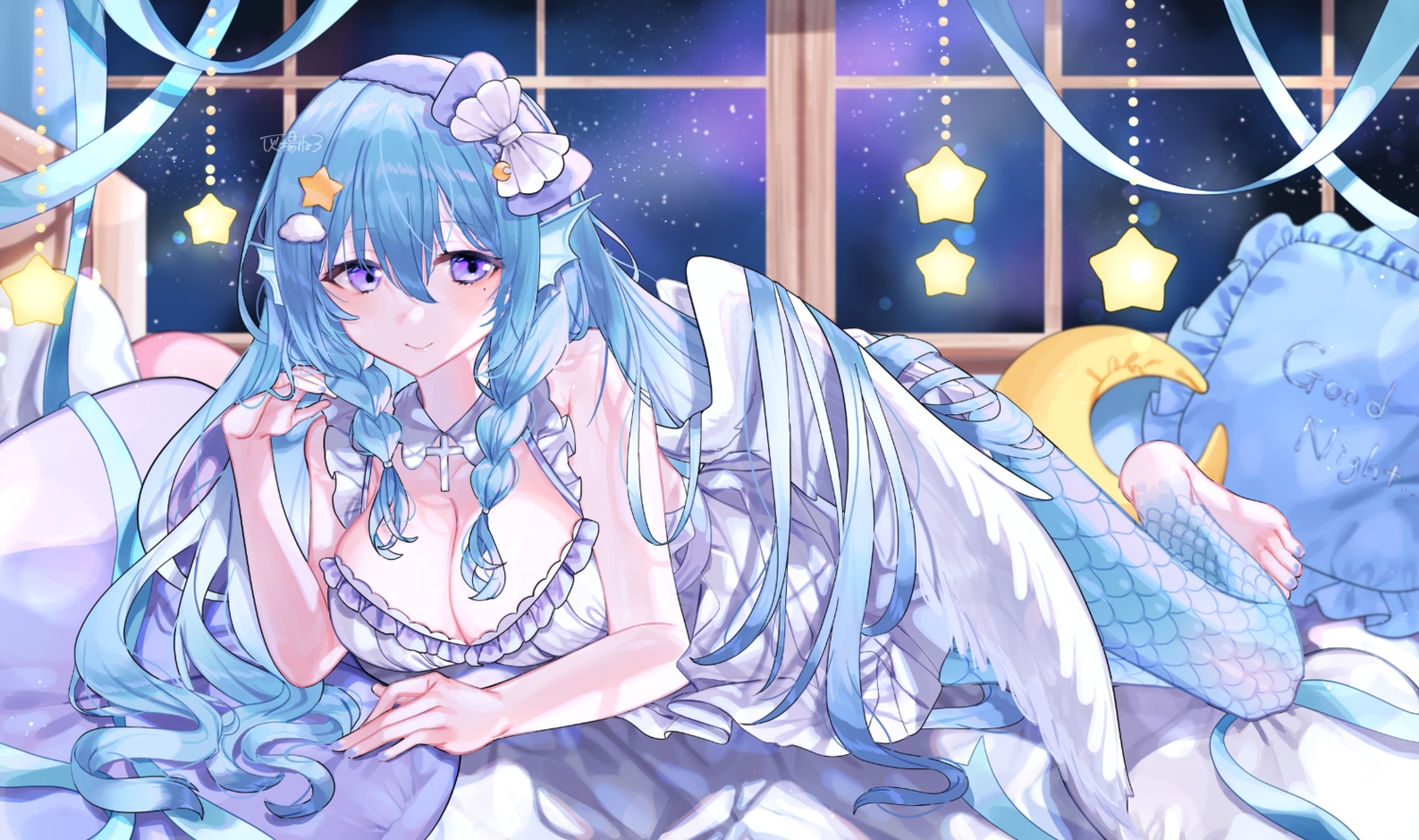 animal_ears, aqua_hair, barefoot, bed, bow, braids, breasts, cleavage