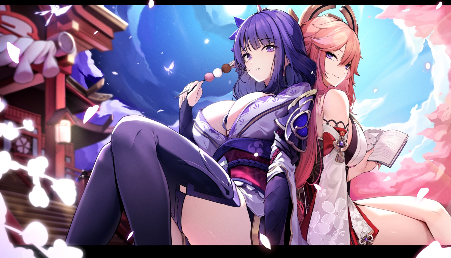 2girls, book, breasts, butterfly, cleavage, ddangbi, genshin_impact, petals