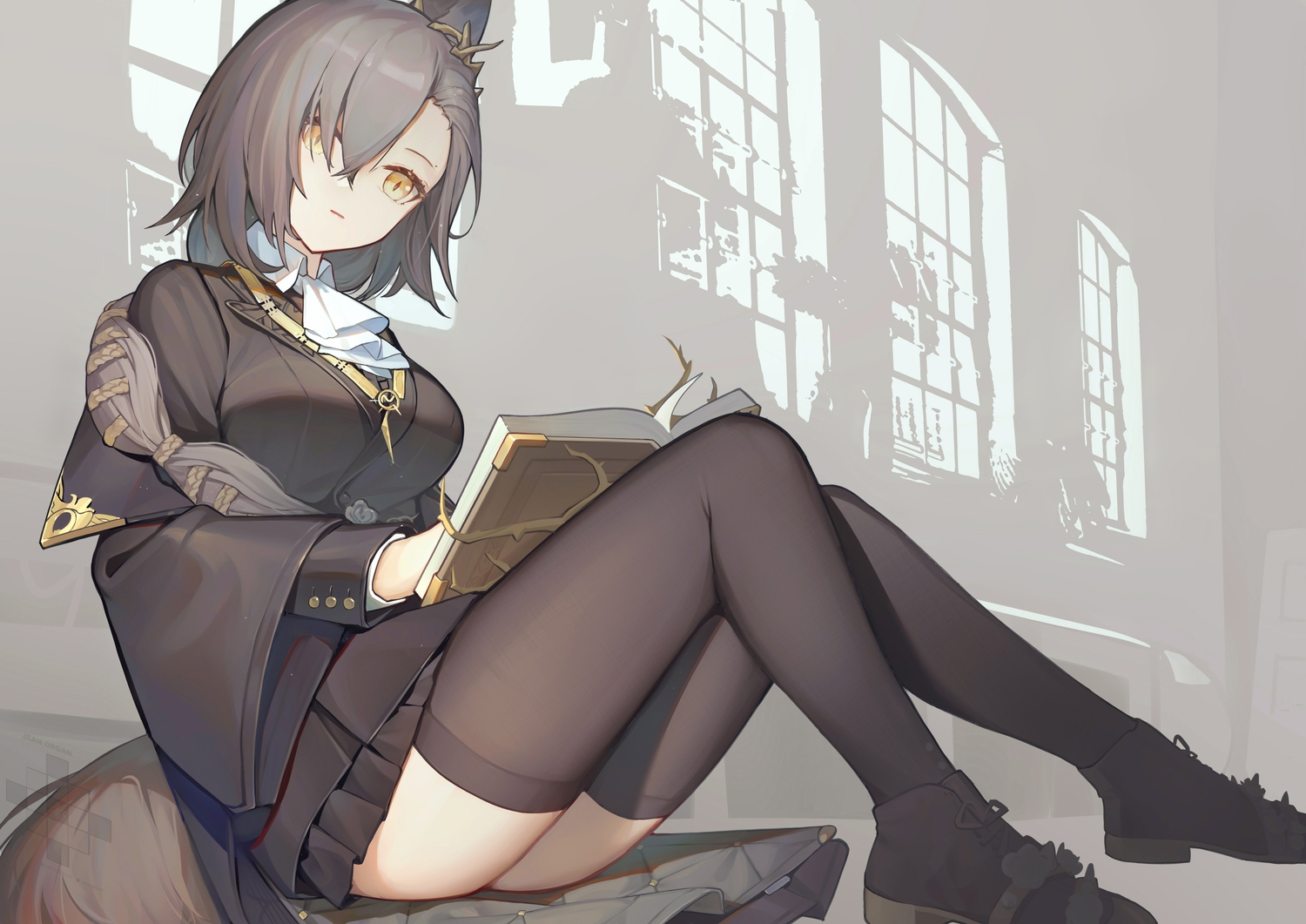animal_ears, arknights, book, brown_hair, gei_daipf, penance_(arknights), short_hair, skirt