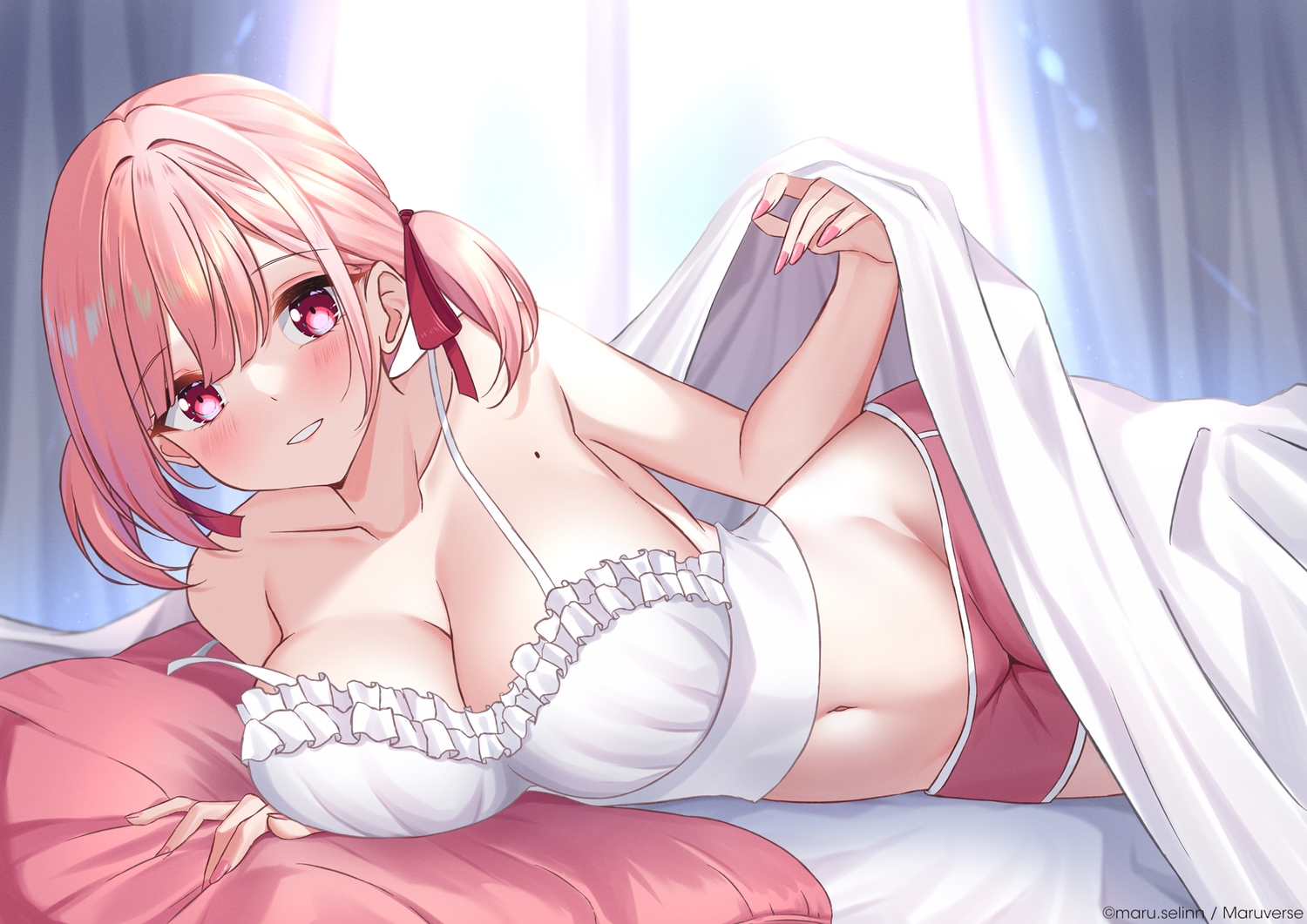 bed, breasts, cleavage, maru.selinn, navel, original, pink_eyes, pink_hair, shorts, twintails, watermark