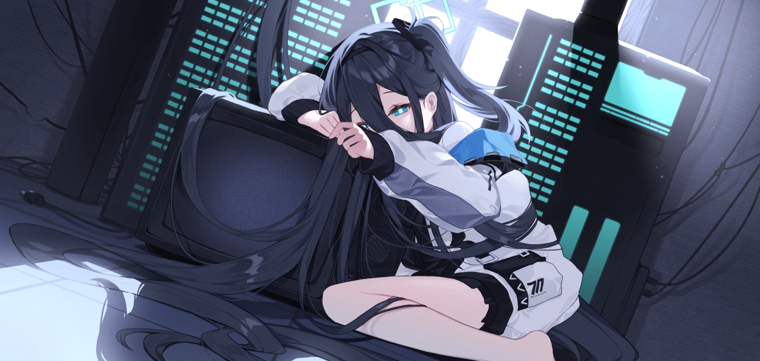 aqua_eyes, black_hair, blue_archive, long_hair, open_shirt, skirt, tendou_arisu_(blue_archive), tiko_(idadsa91)