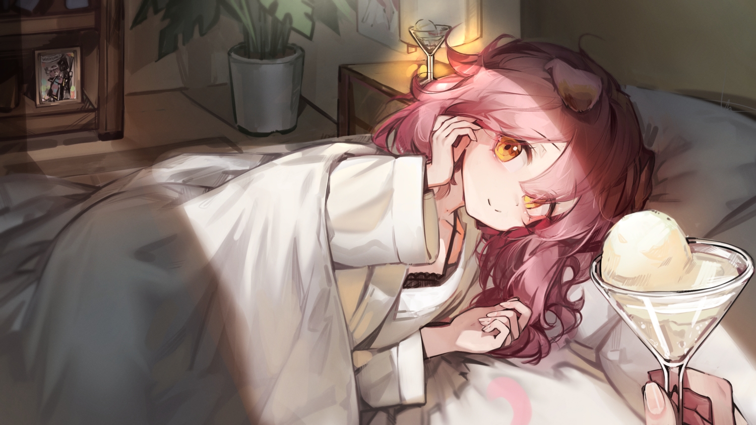 animal_ears, arknights, bed, bra, brown_eyes, catgirl, drink, food