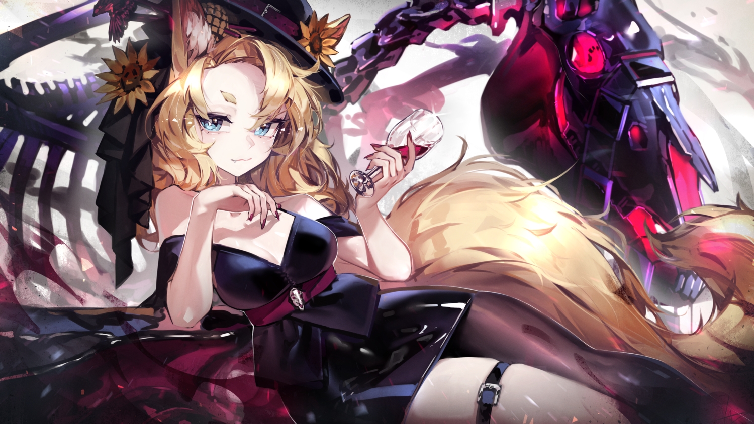 animal_ears, arknights, blonde_hair, blue_eyes, breasts, cat_smile, cleavage, dress