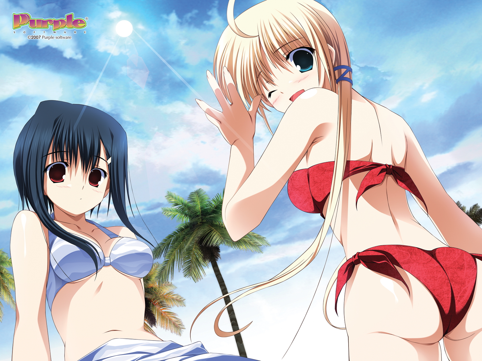 2girls, beach, bikini, black_hair, blonde_hair, green_eyes, izumi_rikka, long_hair, navel, primitive_link, purple_software, red_eyes, sky, summer, swimsuit, tierra_moreni, tree, wink