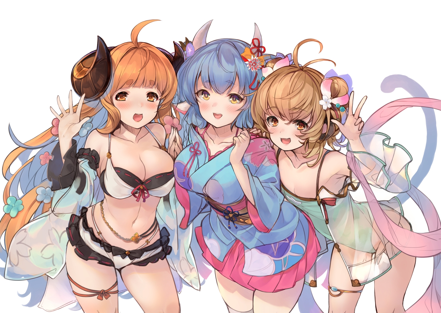 andira_(granblue_fantasy), anila_(granblue_fantasy), bikini, blue_hair, brown_hair, catura_(granblue_fantasy), cowgirl, granblue_fantasy, horns, japanese_clothes, long_hair, mayuzaki_yuu, navel, orange_eyes, orange_hair, see_through, sheepgirl, swimsuit, yellow_eyes, yukata