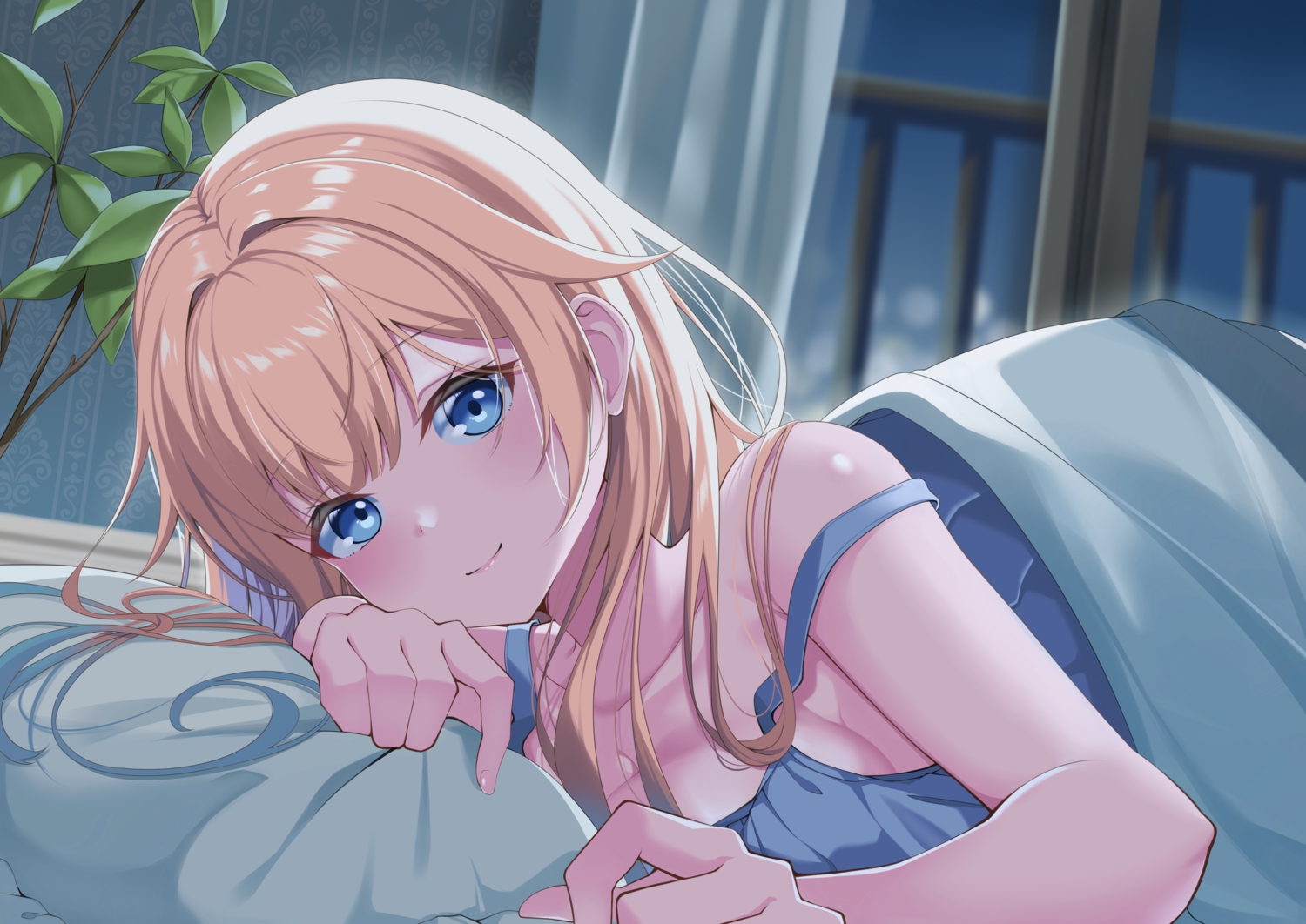 aizawa_ema, bed, blonde_hair, blue_eyes, close, gekka_(luna_gekka), long_hair, night, vspo!