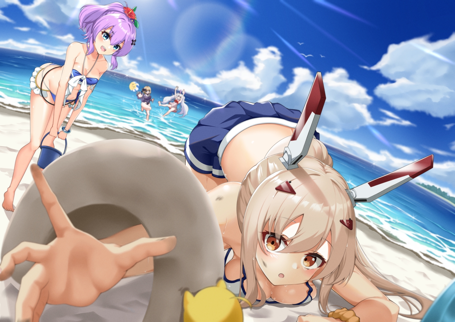 anthropomorphism, ayanami_(azur_lane), azur_lane, beach, bikini, clouds, gekka_(luna_gekka), group, javelin_(azur_lane), laffey_(azur_lane), sky, swimsuit, z23_(azur_lane)
