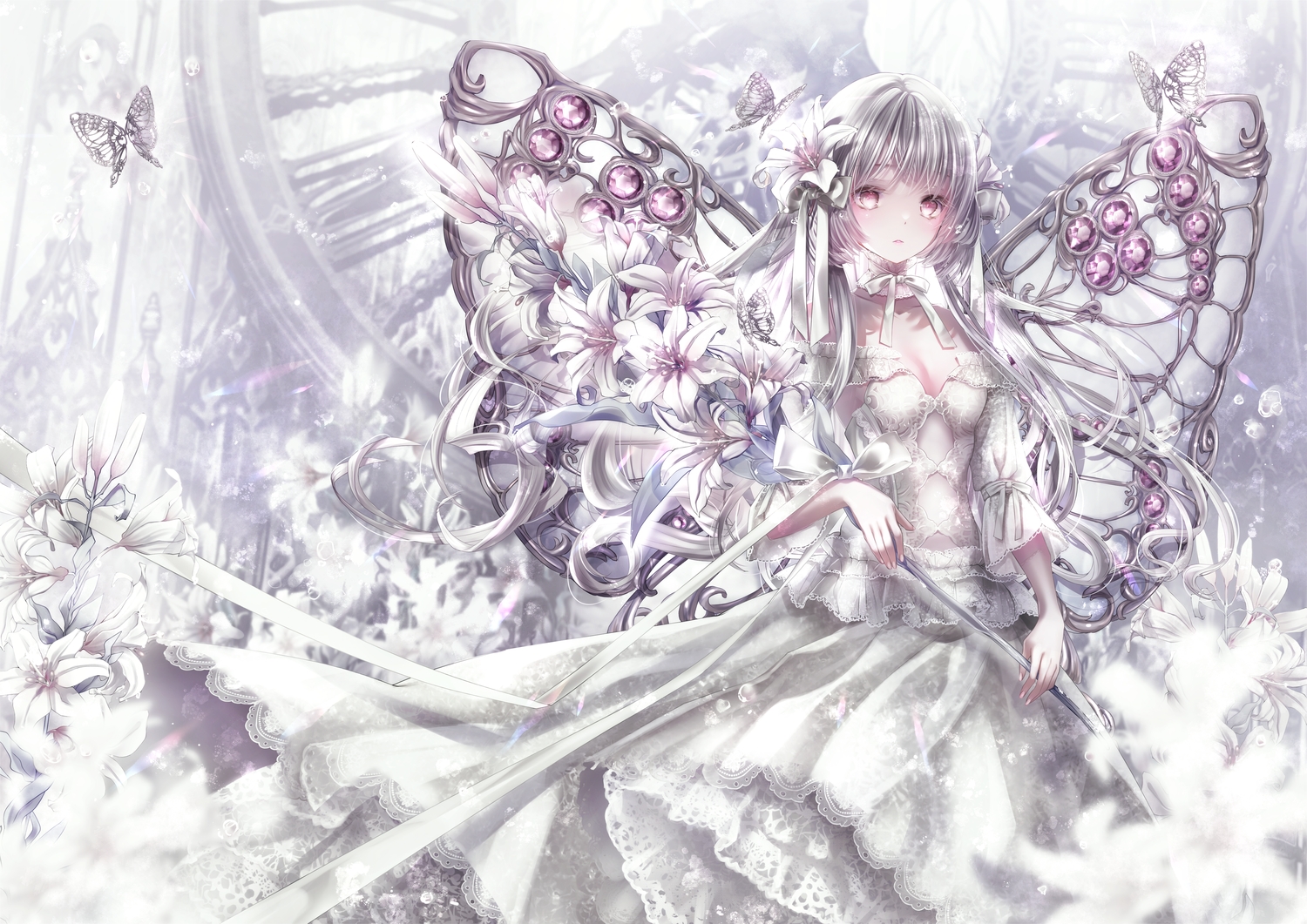 butterfly, dress, flowers, gray_hair, hane_segawa, long_hair, original, polychromatic