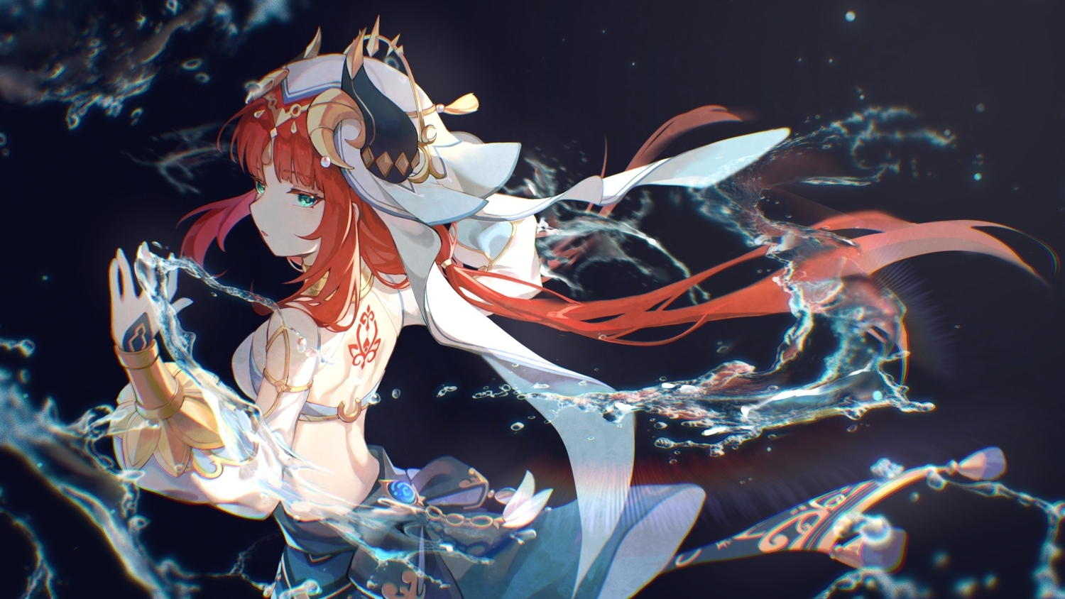 genshin_impact, green_eyes, headdress, horns, long_hair, magic, nilou_(genshin_impact), red_hair, skirt, snowflake_(diodarja), tattoo, twintails