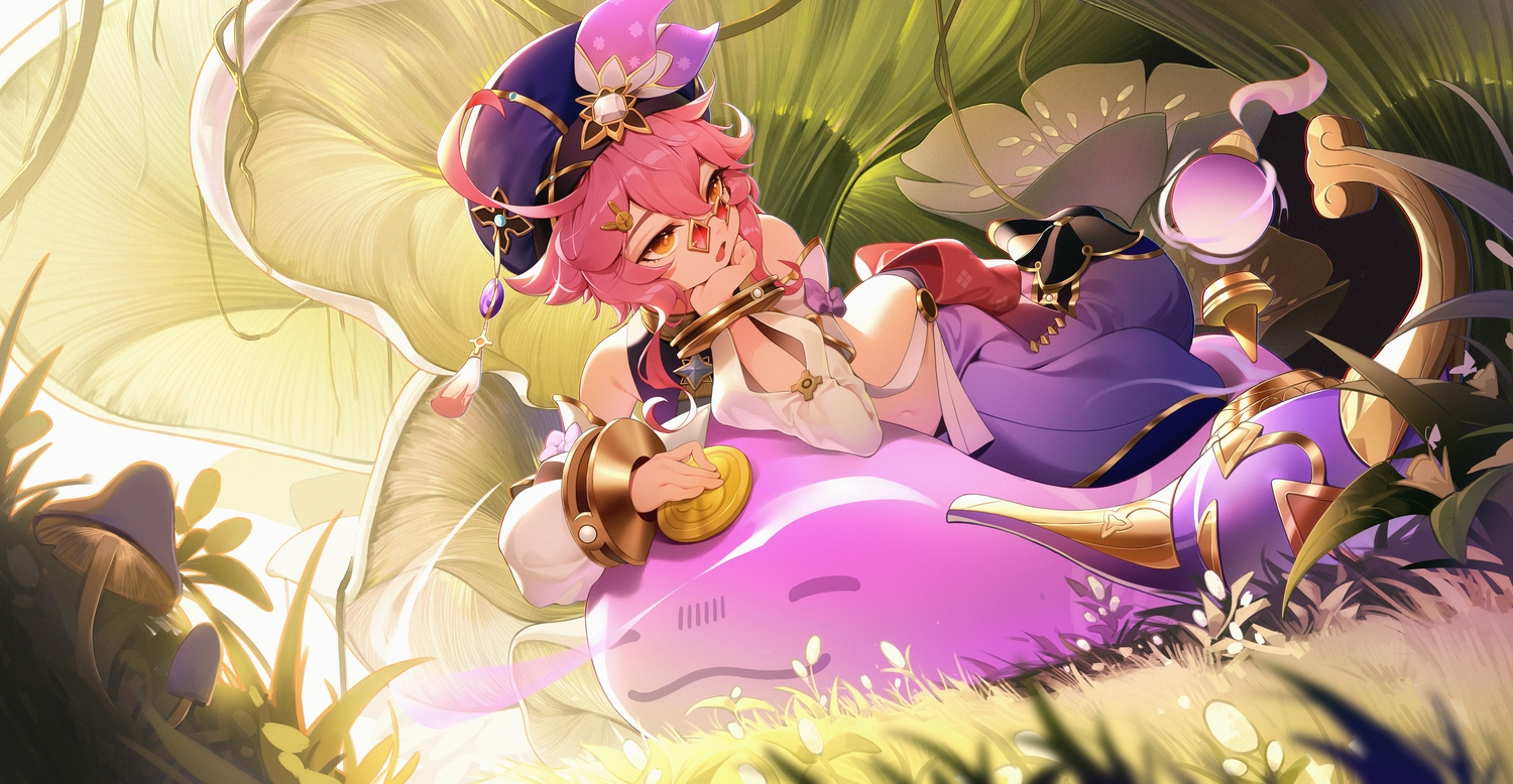 dori_(genshin_impact), genshin_impact, grass, hat, leaves, loli, orange_eyes, pink_hair, river_(river_ga), short_hair, sunglasses, wristwear