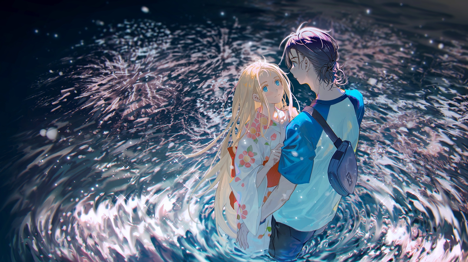 ajiro_shinpei, aqua_eyes, black_hair, blonde_hair, blue_eyes, blush, fireworks, japanese_clothes