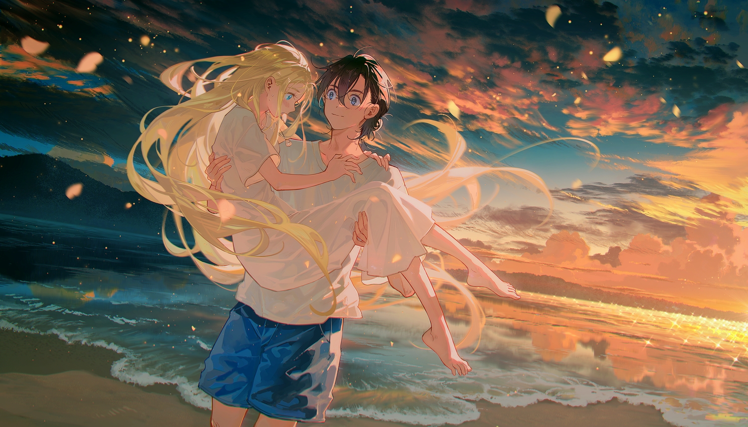 ajiro_shinpei, aqua_eyes, barefoot, beach, black_hair, blonde_hair, blue_eyes, blush