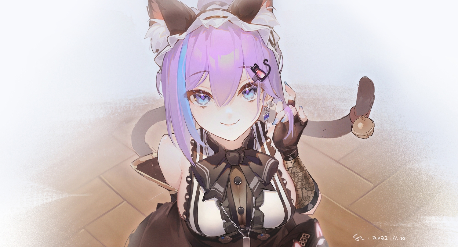 animal_ears, bell, blue_eyes, breasts, catgirl, cleavage, close, dress