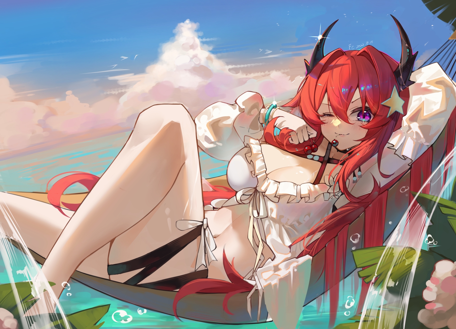 arknights, blue_eyes, breasts, cherry, cleavage, clouds, flowers, food, fruit, horns, long_hair, navel, red_hair, sky, surtr_(arknights), water, wink, yamasede_neiko