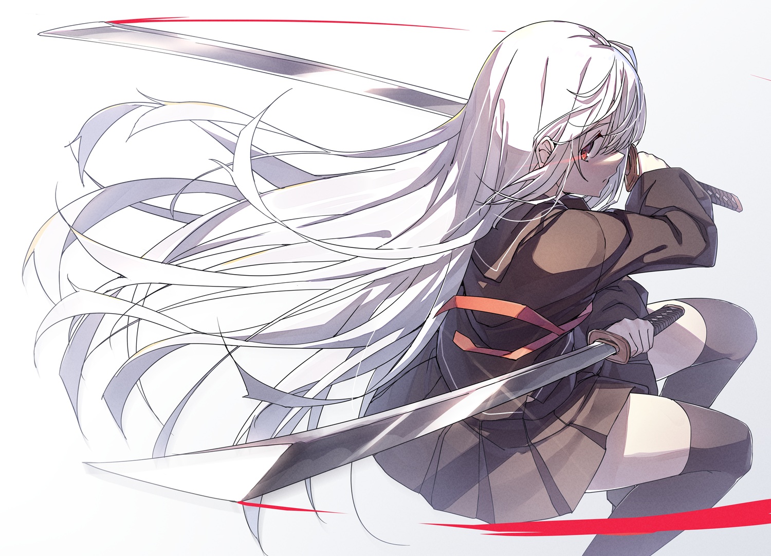 katana, long_hair, original, red_eyes, school_uniform, shiro_youduki, skirt, sword