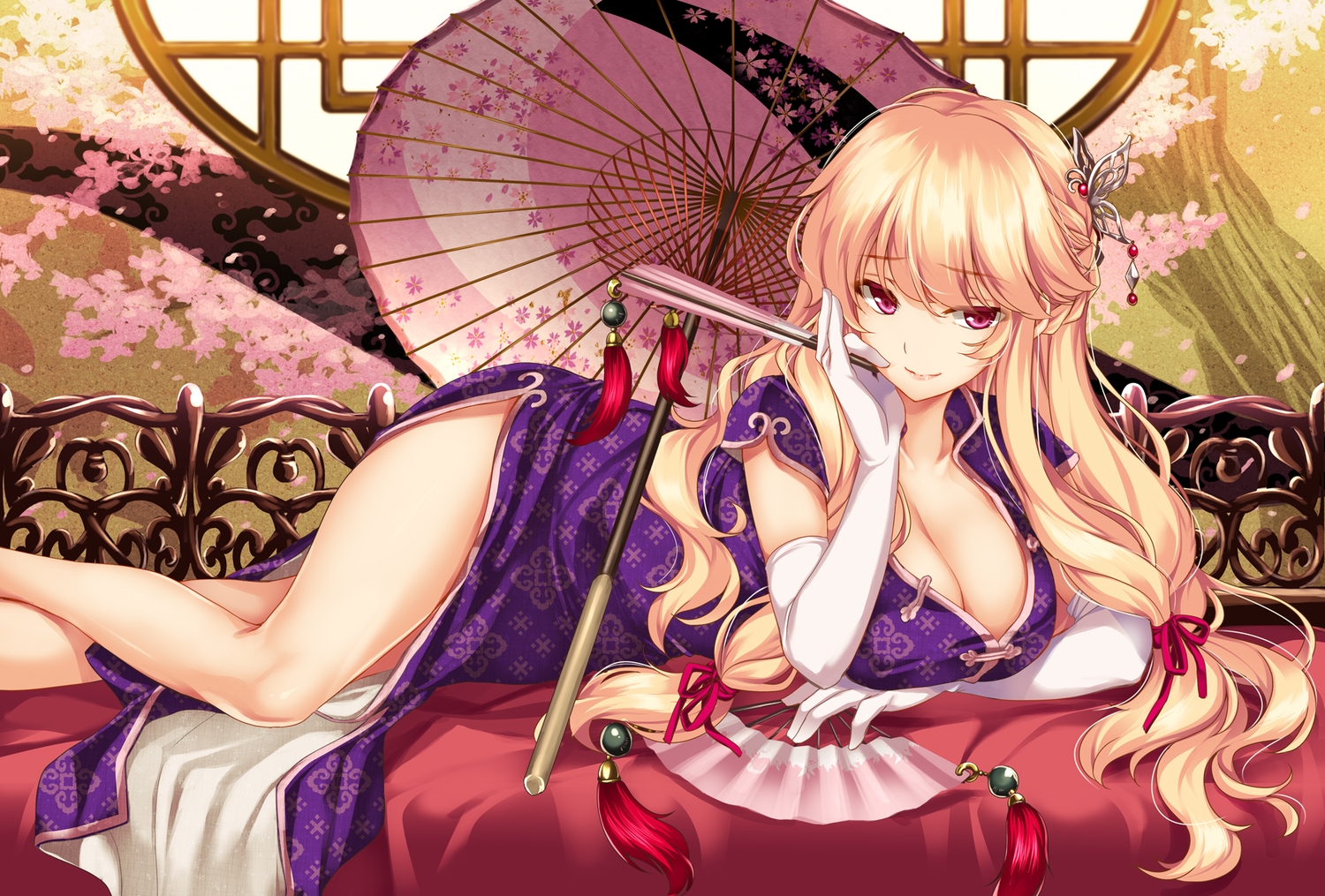 blonde_hair, braids, breast_hold, breasts, cherry_blossoms, chinese_clothes, chinese_dress, cleavage, dress, elbow_gloves, fan, flowers, gloves, long_hair, moneti_(daifuku), pink_eyes, touhou, umbrella, yakumo_yukari