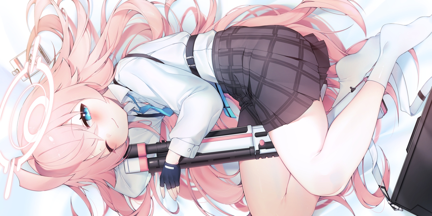 aqua_eyes, blue_archive, blush, cat_smile, gloves, gun, halo, long_hair